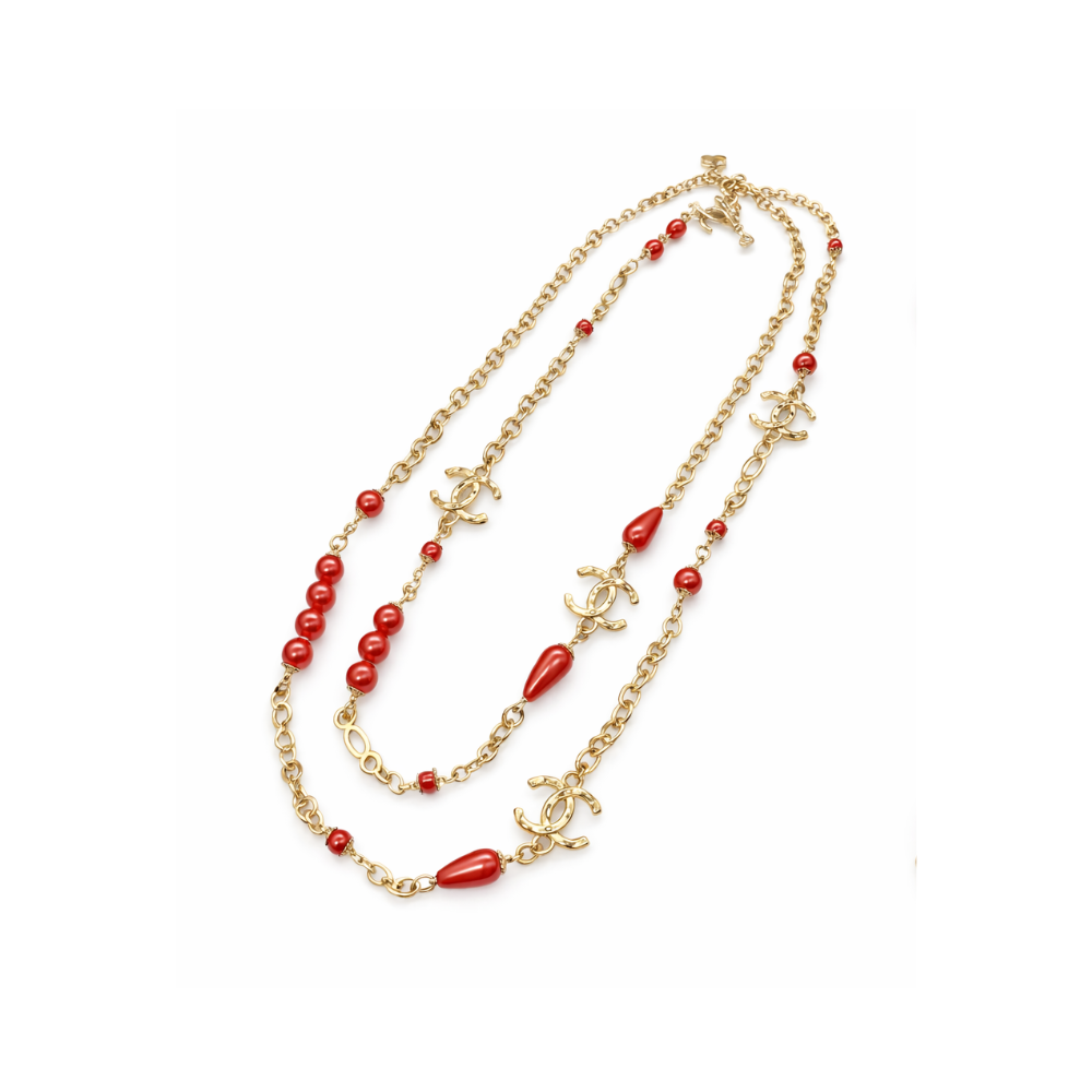 Clean-Finish Logo Red Resin Pearl Crystal Station Necklace