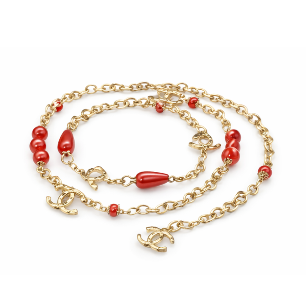 Clean-Finish Logo Red Resin Pearl Crystal Station Necklace - view 2