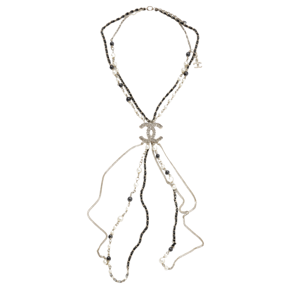 Sophisticated Long Bead Pearl Cc Logo Sautoir Necklace Gold Tone