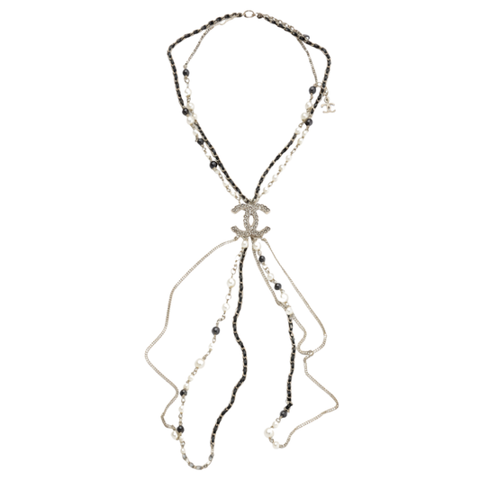 Sophisticated Long Bead Pearl Cc Logo Sautoir Necklace Gold Tone