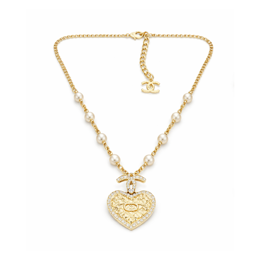 Refined Quilted Heart Cc Logo Pearl Station Necklace