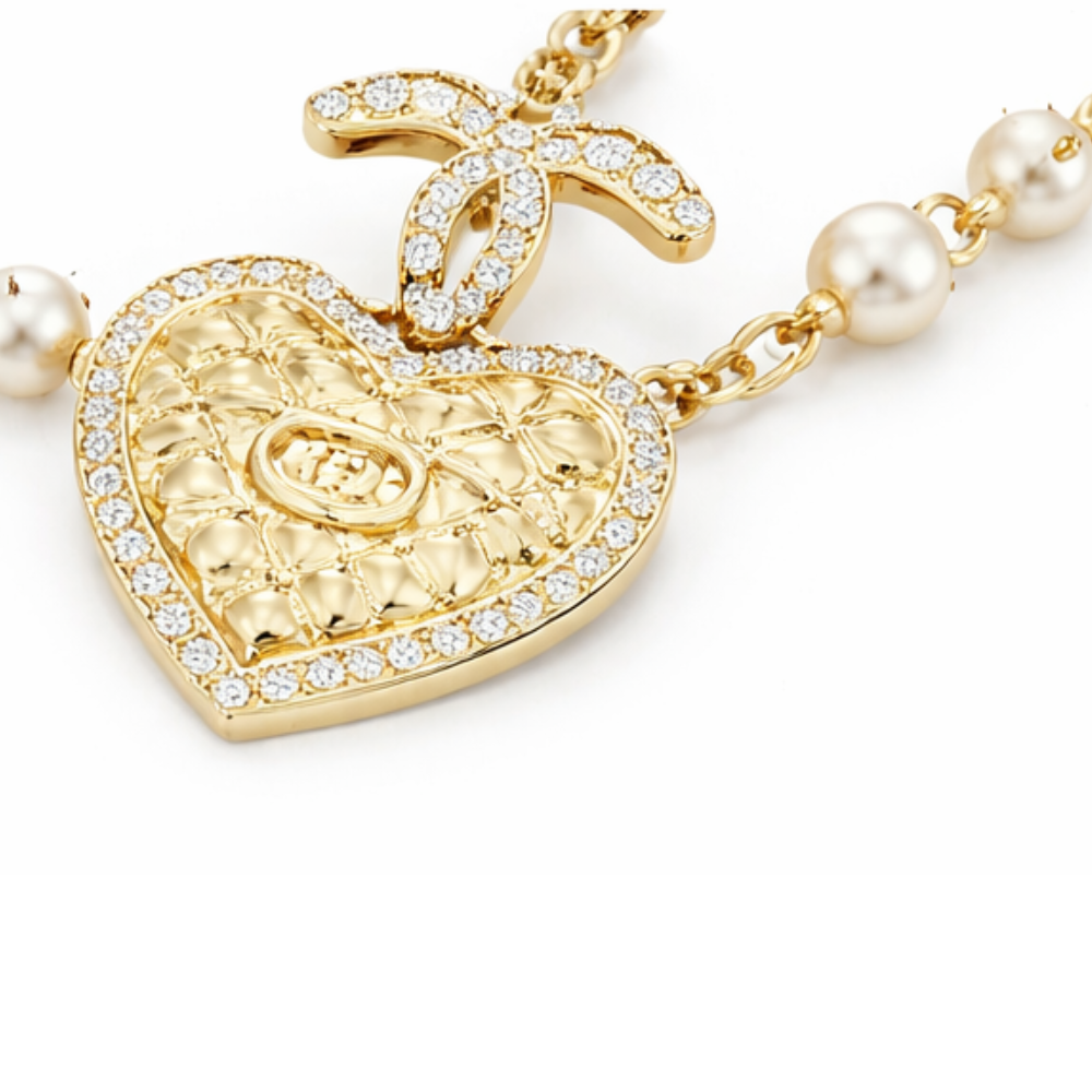 Refined Quilted Heart Cc Logo Pearl Station Necklace - view 3