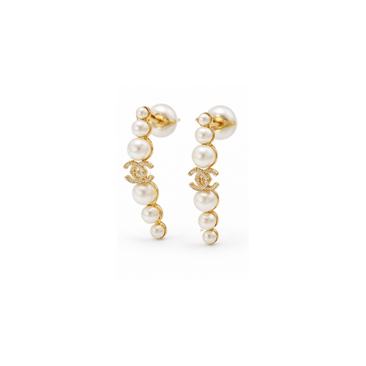 Detailed Vintage Cc Pearl Curved Claw Earrings Gold Finish - view 2