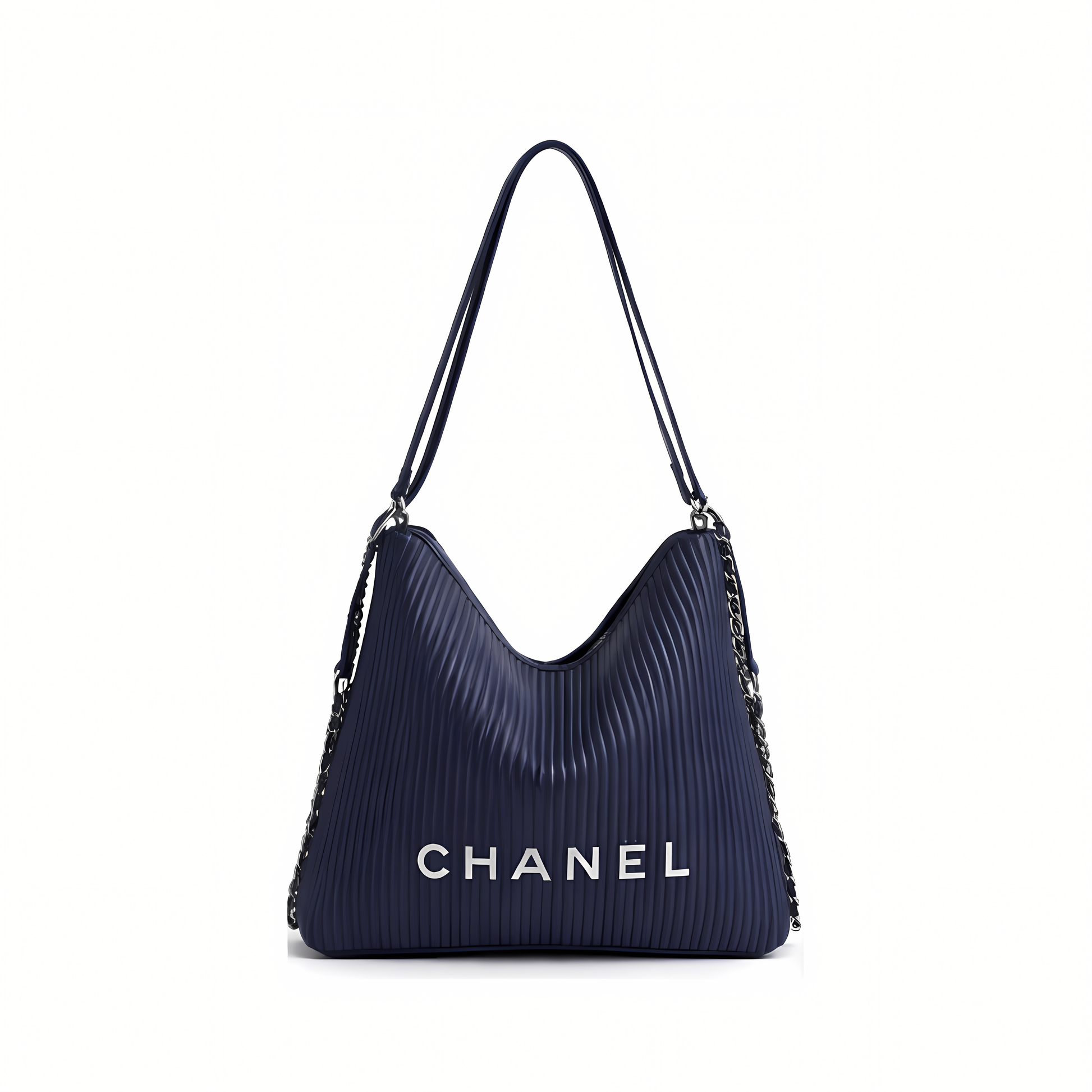 Detailed Maxi Hobo Ribbed Leather Blue Bag