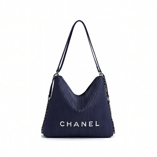 Detailed Maxi Hobo Ribbed Leather Blue Bag
