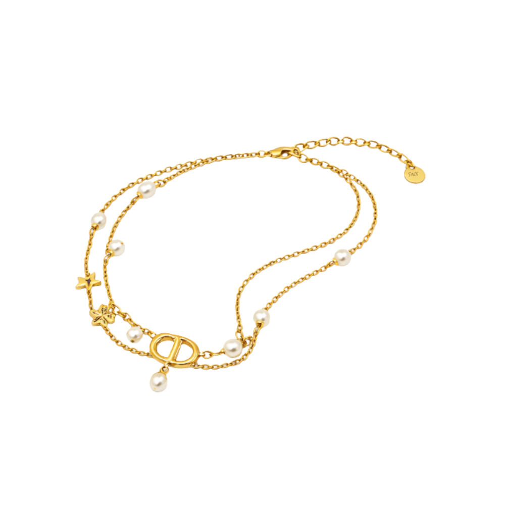 Premium-Look Cd Star Pearl Layered Necklace Gold - view 3