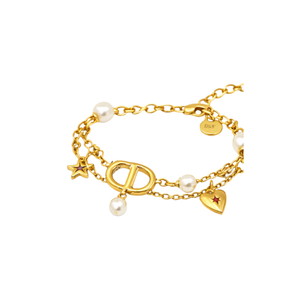 Premium-Look Cd Star Pearl Layered Necklace Gold