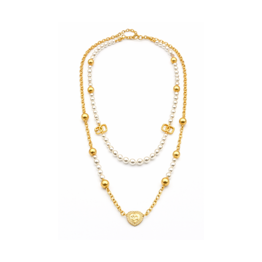Elegant Petit Cd Heart Pearl Double Necklace