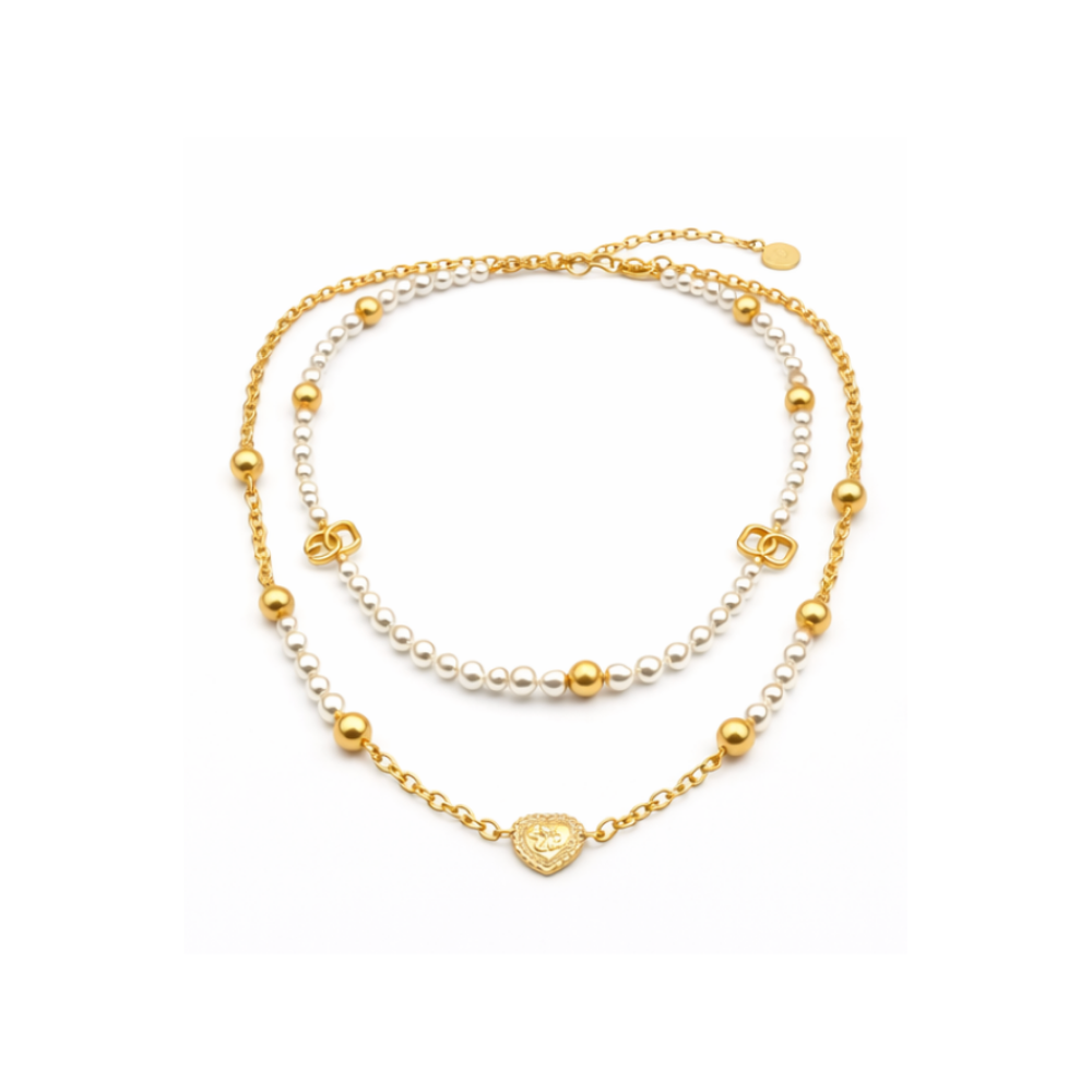 Elegant Petit Cd Heart Pearl Double Necklace - view 2
