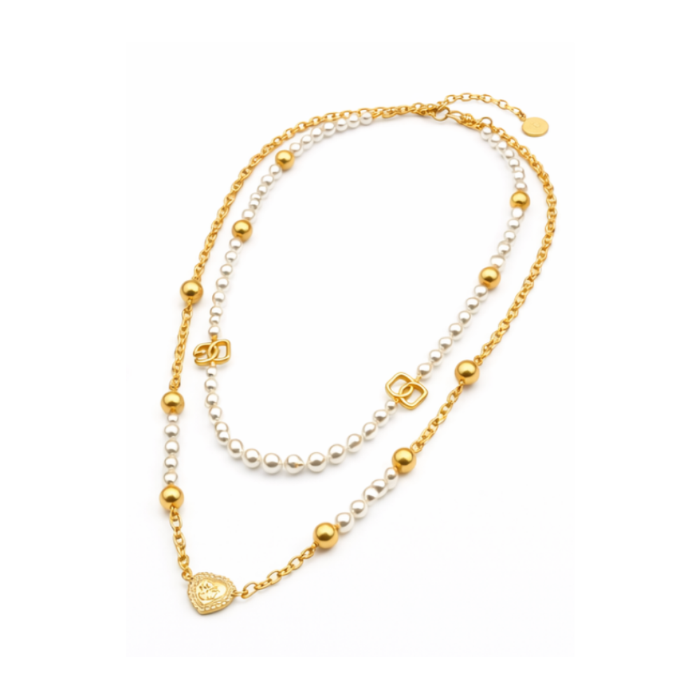 Elegant Petit Cd Heart Pearl Double Necklace - view 3