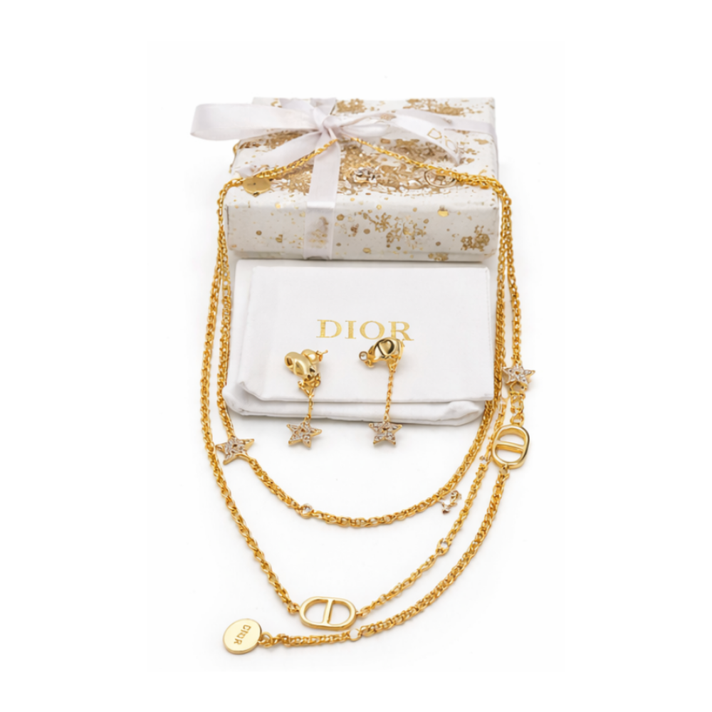 Minimal-Luxe Star Multi Layer Necklace Earrings Set Gold Finish Metal