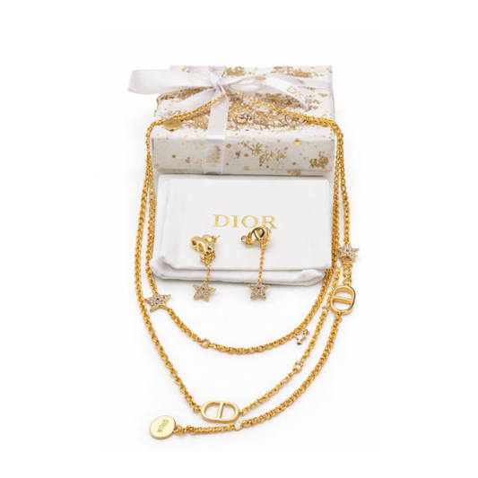 Minimal-Luxe Star Multi Layer Necklace Earrings Set Gold Finish Metal