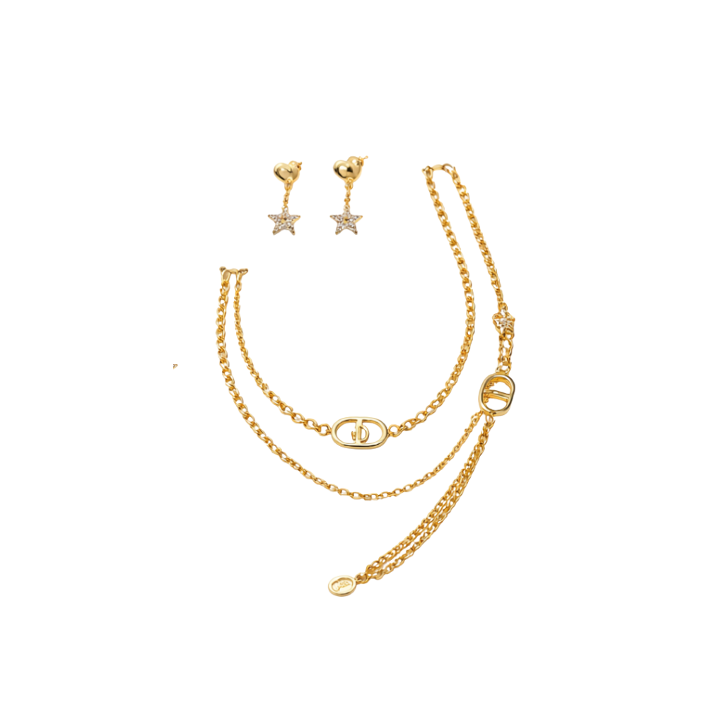 Minimal-Luxe Star Multi Layer Necklace Earrings Set Gold Finish Metal - view 2