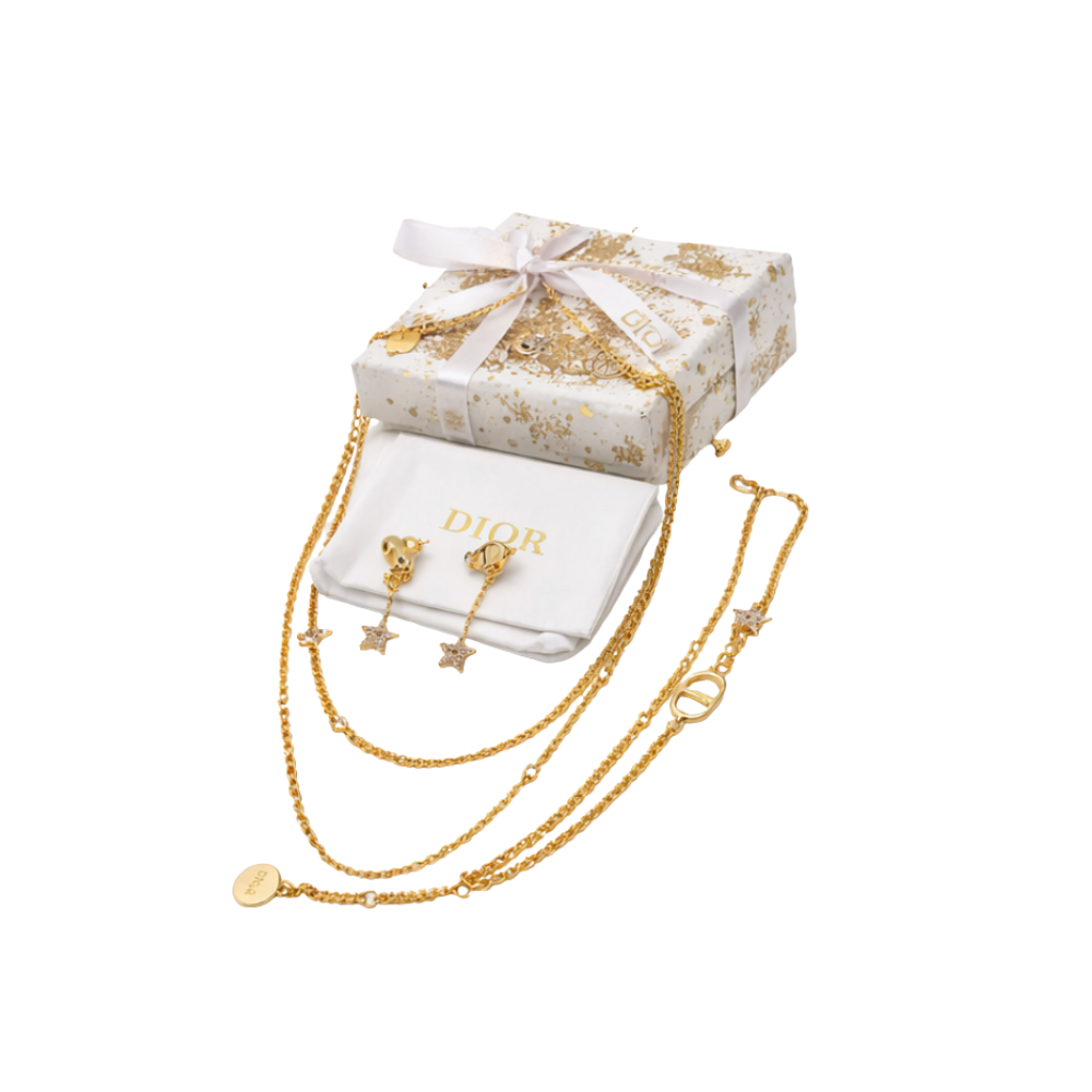 Minimal-Luxe Star Multi Layer Necklace Earrings Set Gold Finish Metal - view 3