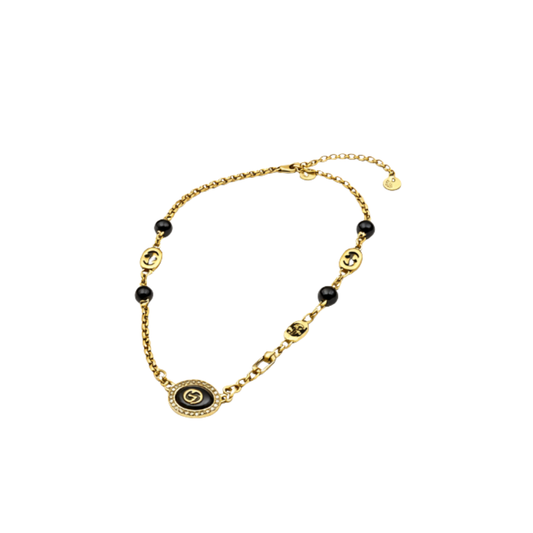 Clean-Finish GG Black Bead Chain Bracelet Gold