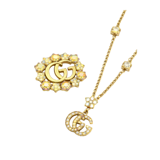 Sophisticated GG Crystal Earring Brooch Set Gold