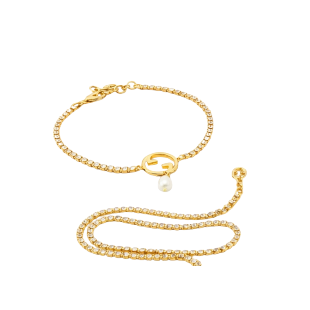 Detailed GG Crystal Pearl Bracelet Gold - view 4