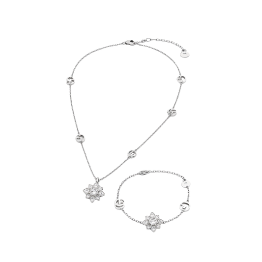 Modern GG Flower Crystal Necklace Bracelet Set Si Er