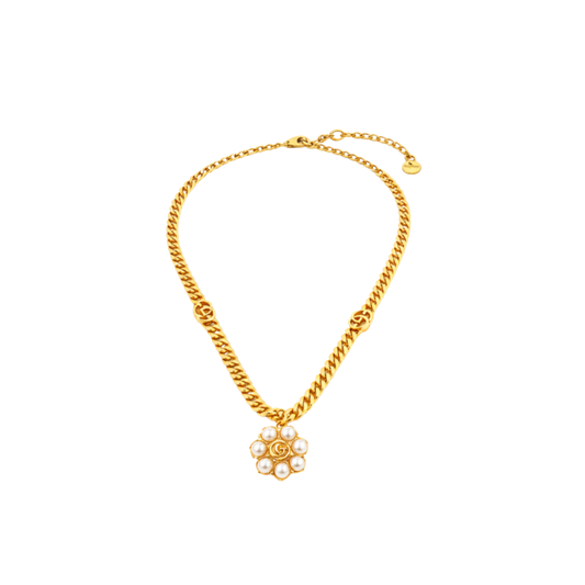 Premium-Look GG Pearl Pendant Chain Necklace Gold