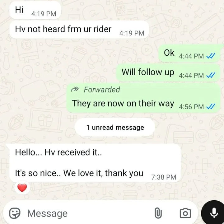 WhatsApp message from Verified customer
