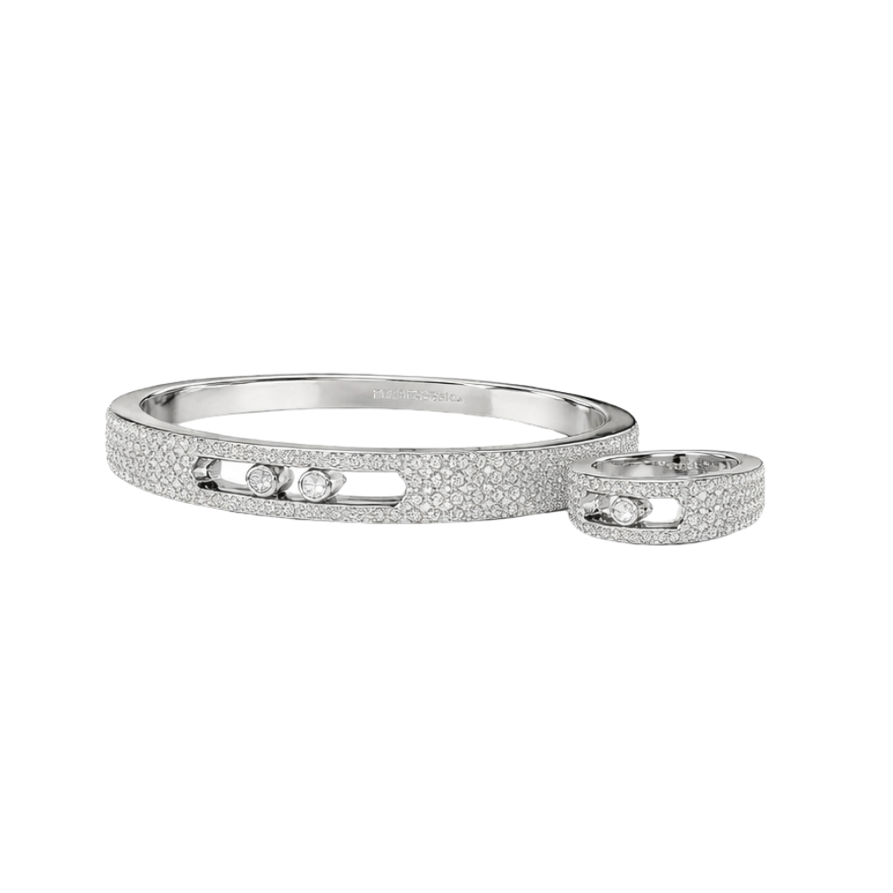 Polished Open Bangle Pavé Bangle Ring Set White Gold Diamonds