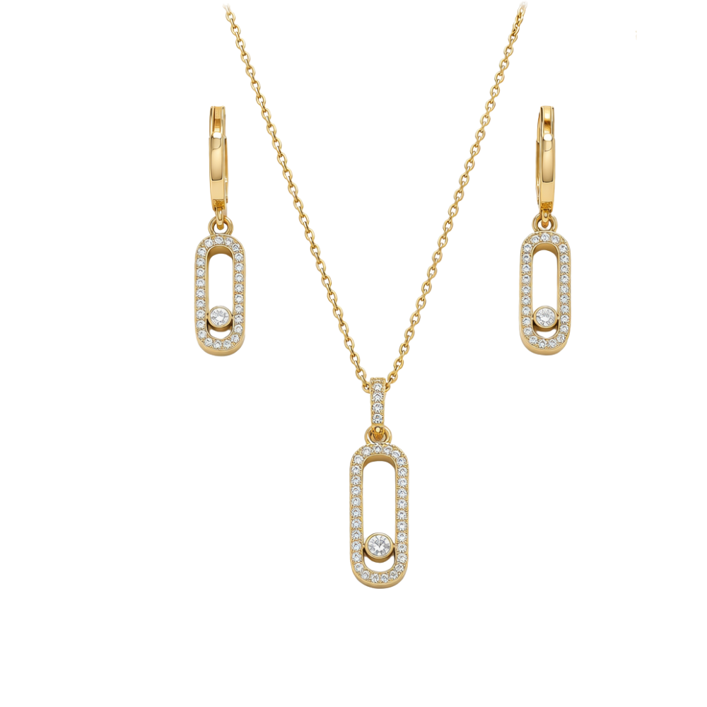 Detailed Long Pavé Station Necklace Earrings Set
