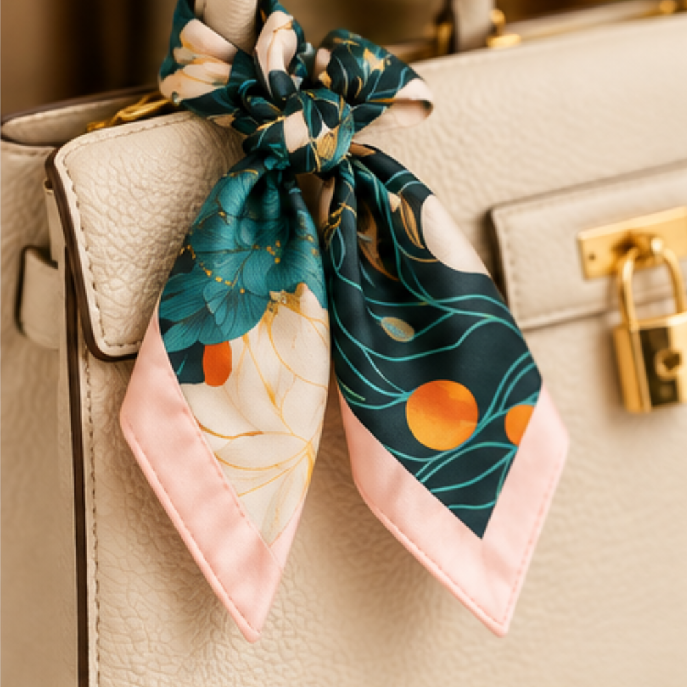 Silk Twilly Scarf Bag Charm Teal Floral Pink