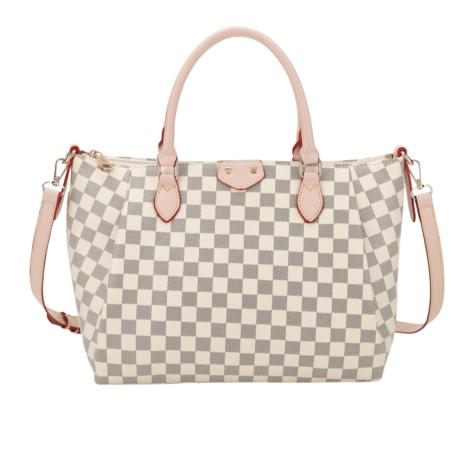 Sophisticated White Gray Checkered Shoulder Tote