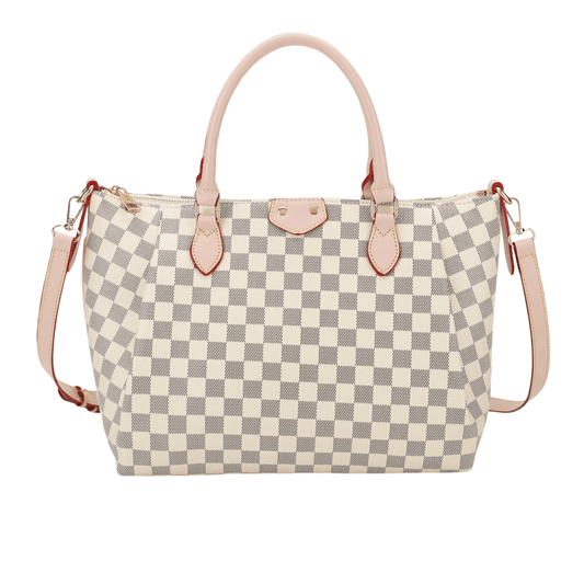 Sophisticated White Gray Checkered Shoulder Tote