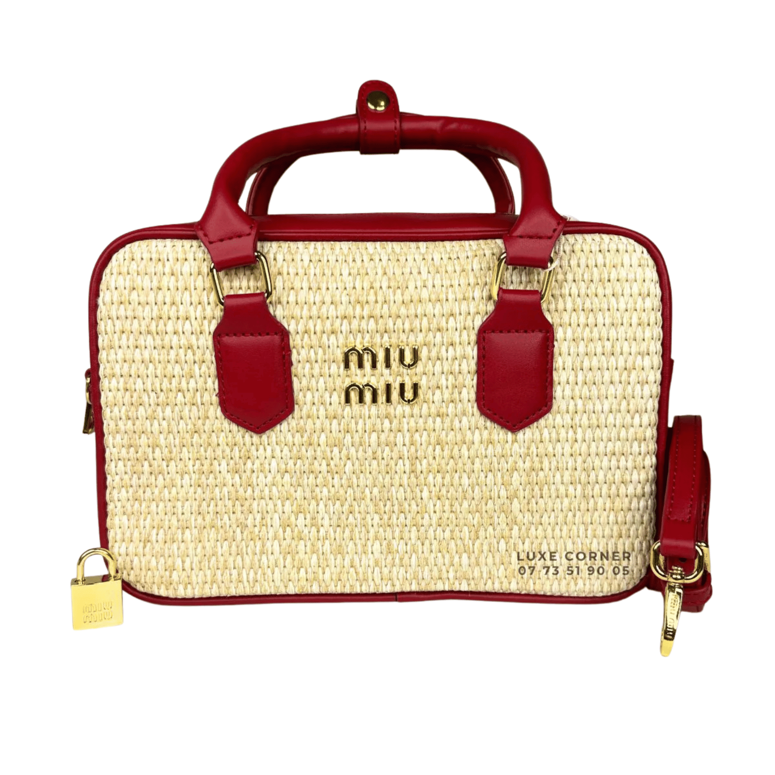 Statement Miu Miu Straw Zip Up Handbag Red Leather Trim Handles