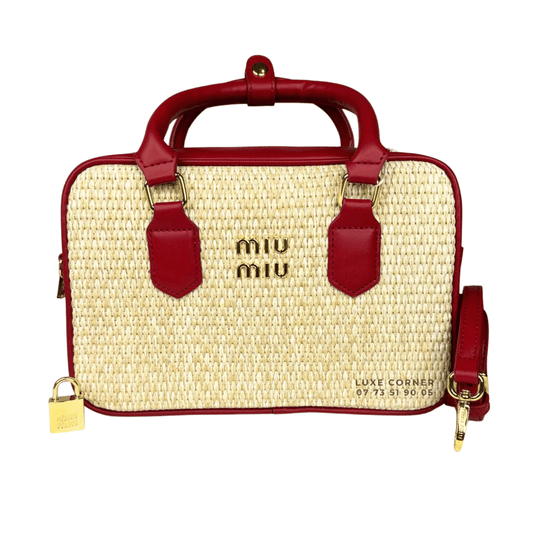 Statement Miu Miu Straw Zip Up Handbag Red Leather Trim Handles