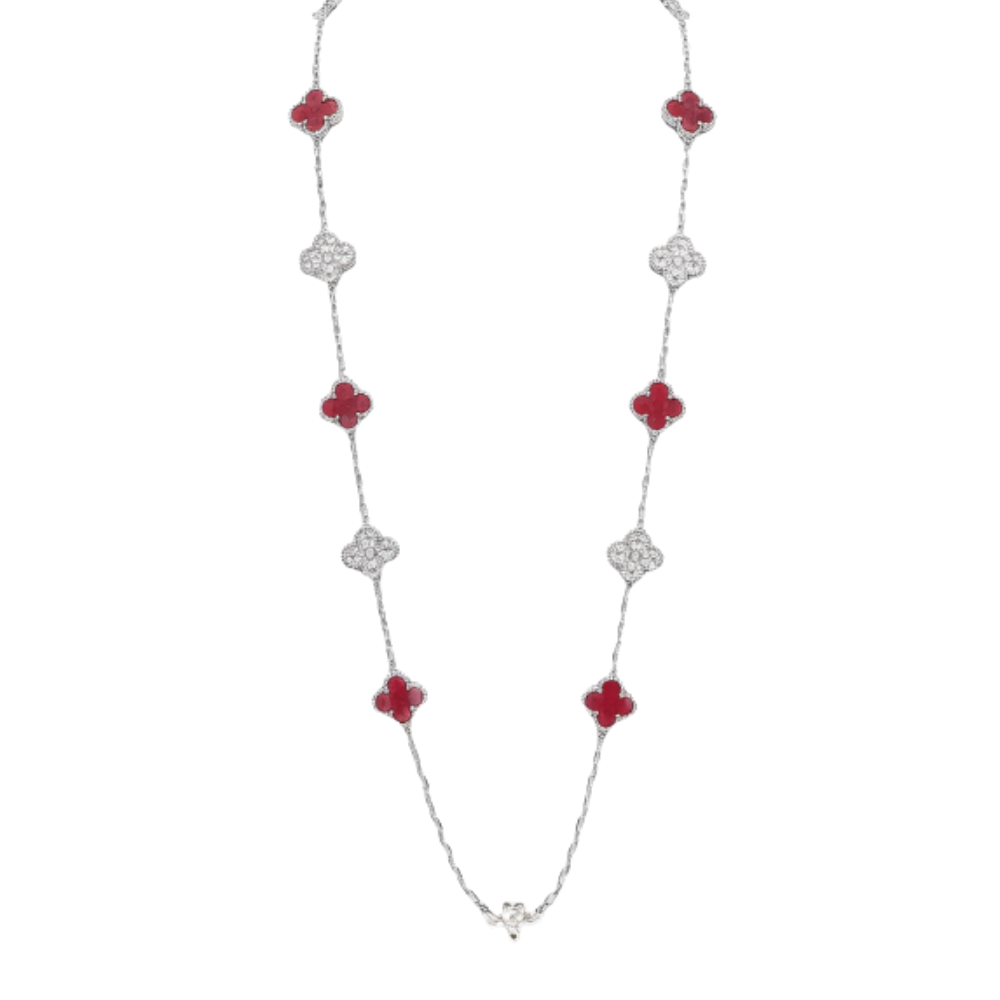 Modern Red Clover Diamond Necklace and Bracelet Set