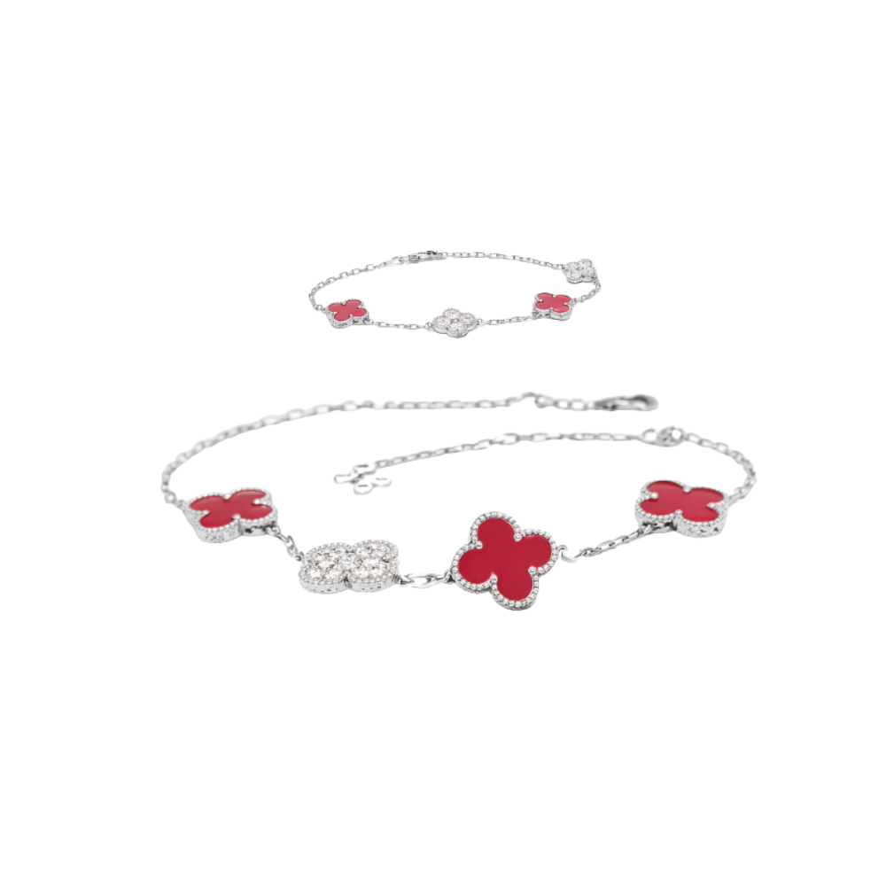 Modern Red Clover Diamond Necklace and Bracelet Set - view 2