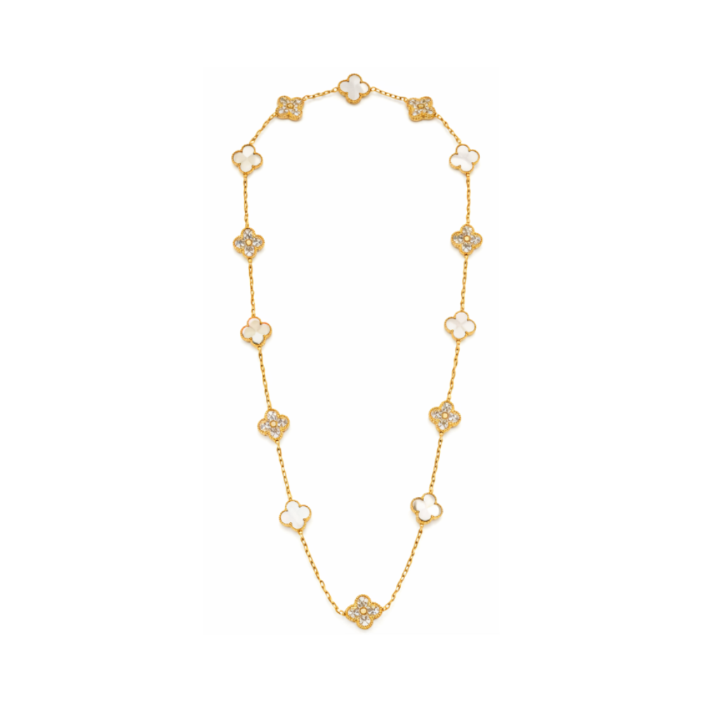 Elegant White Mother of Pearl Diamond Clover Necklace Bracelet Set