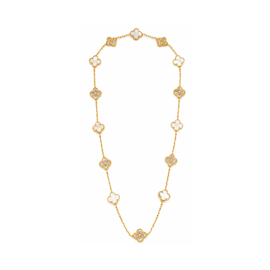 Elegant White Mother of Pearl Diamond Clover Necklace Bracelet Set