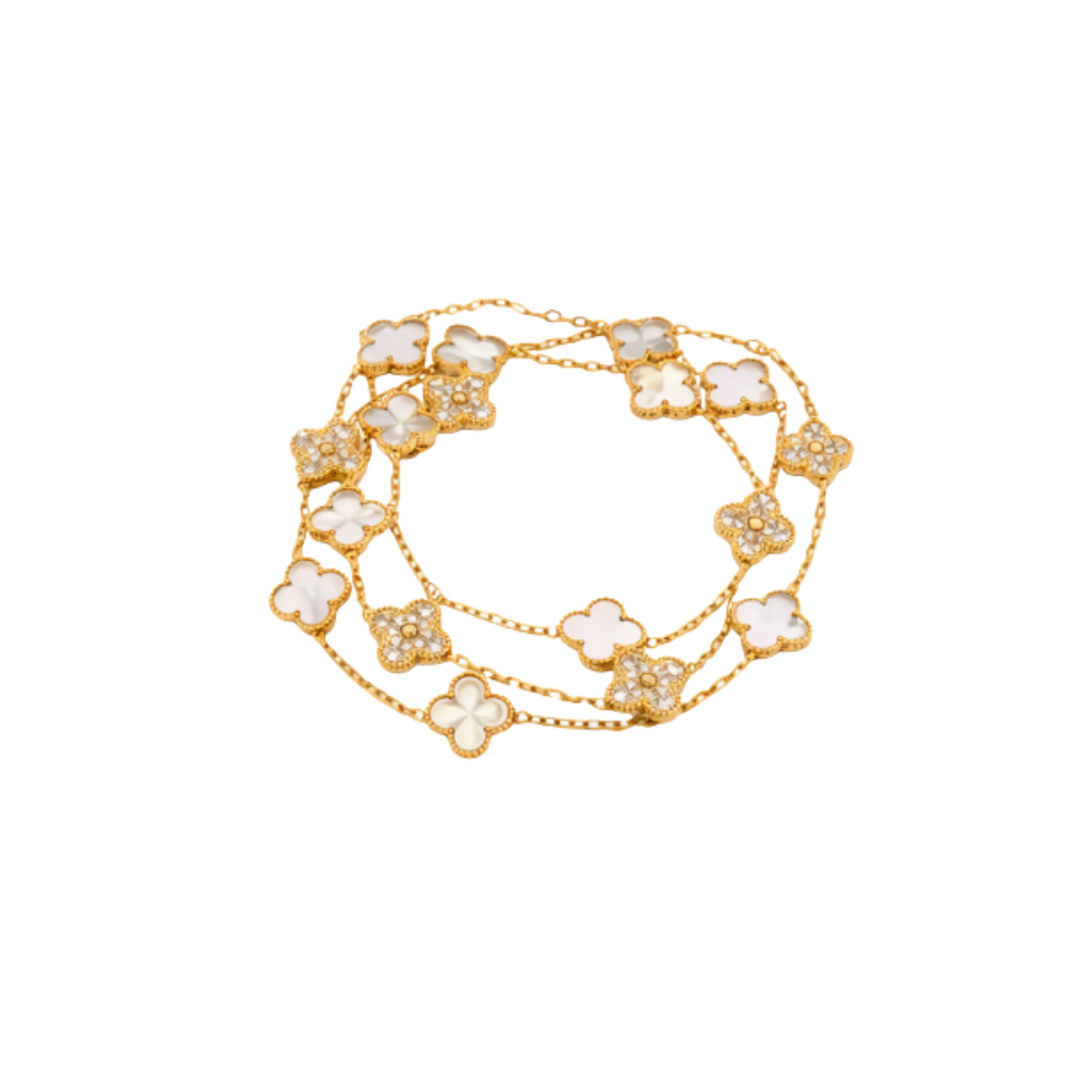 Elegant White Mother of Pearl Diamond Clover Necklace Bracelet Set - view 2