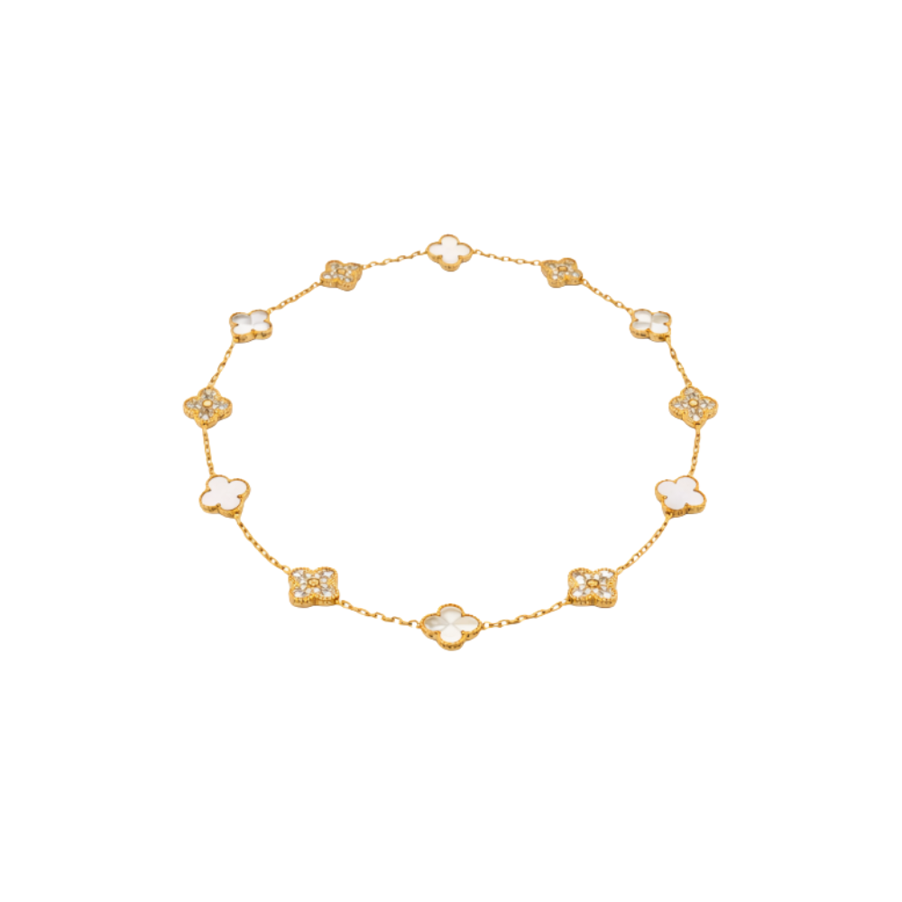 Elegant White Mother of Pearl Diamond Clover Necklace Bracelet Set - view 3