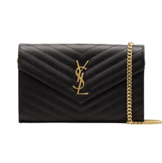 Statement Envelope Chain Envelope Chain Crossbody in Black Grain De Poudre Leather Bag