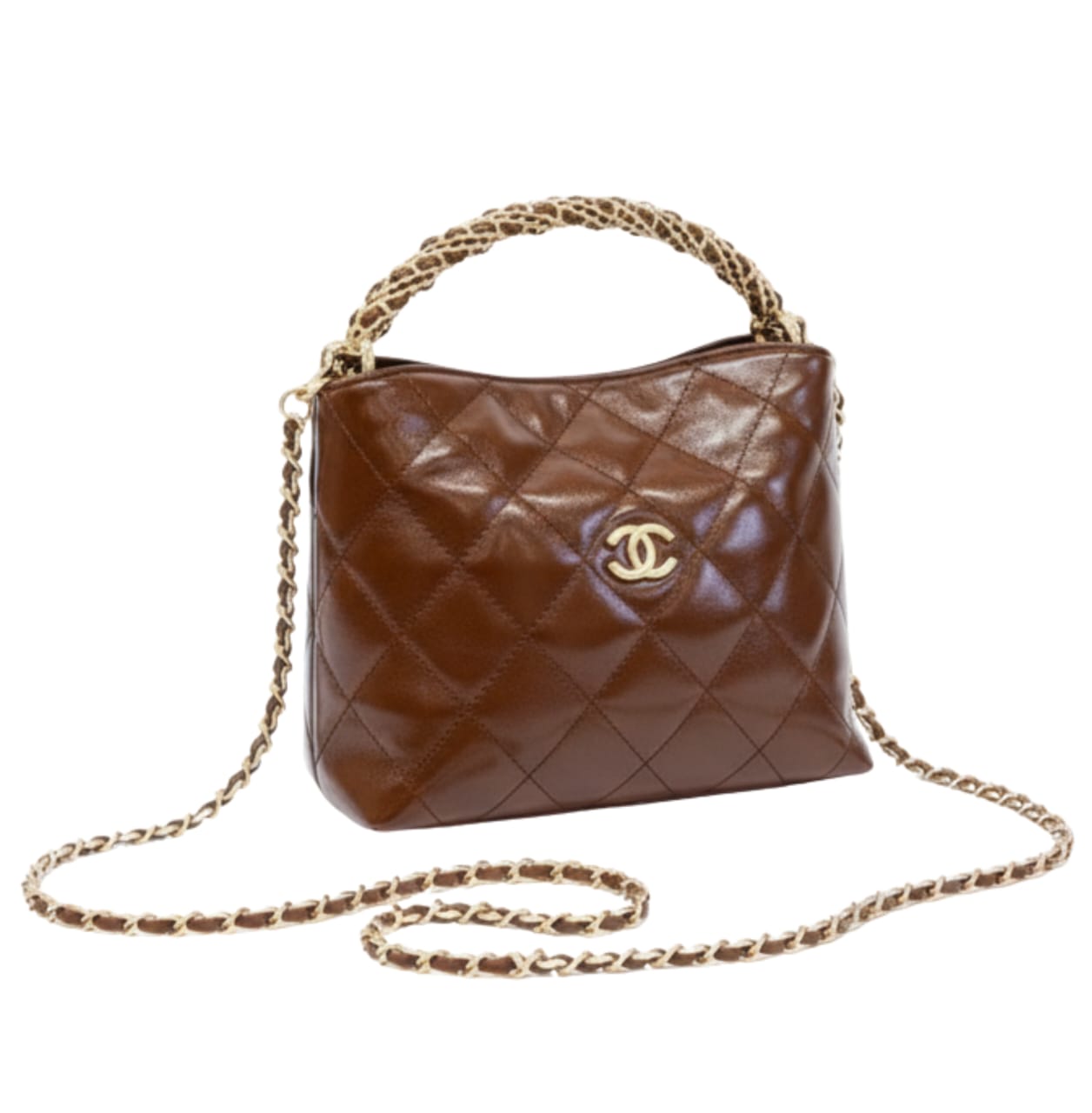 Sophisticated Braided Handle Chain Hobo in Brown Leather Bag - view 3