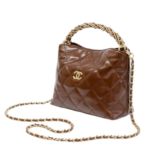 Sophisticated Braided Handle Chain Hobo in Brown Leather Bag - view 2