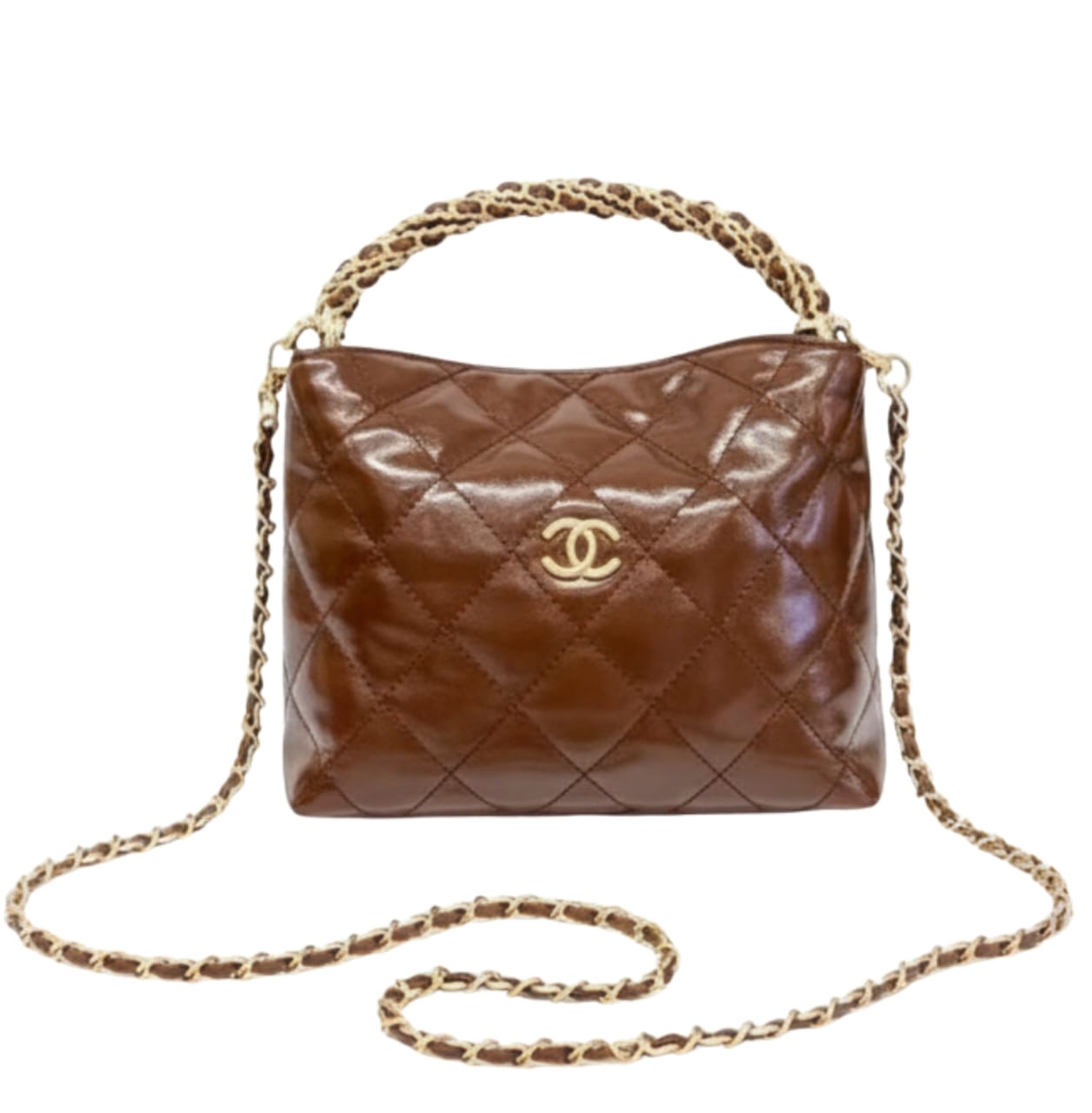 Sophisticated Braided Handle Chain Hobo in Brown Leather Bag