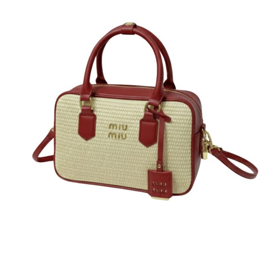 Statement Miu Miu Straw Zip Up Handbag Red Leather Trim Handles - view 2