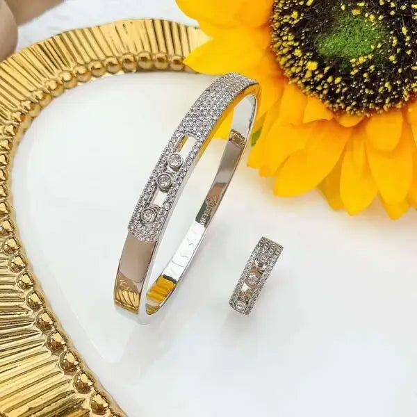 Polished Open Bangle Pavé Bangle Ring Set White Gold Diamonds - view 4