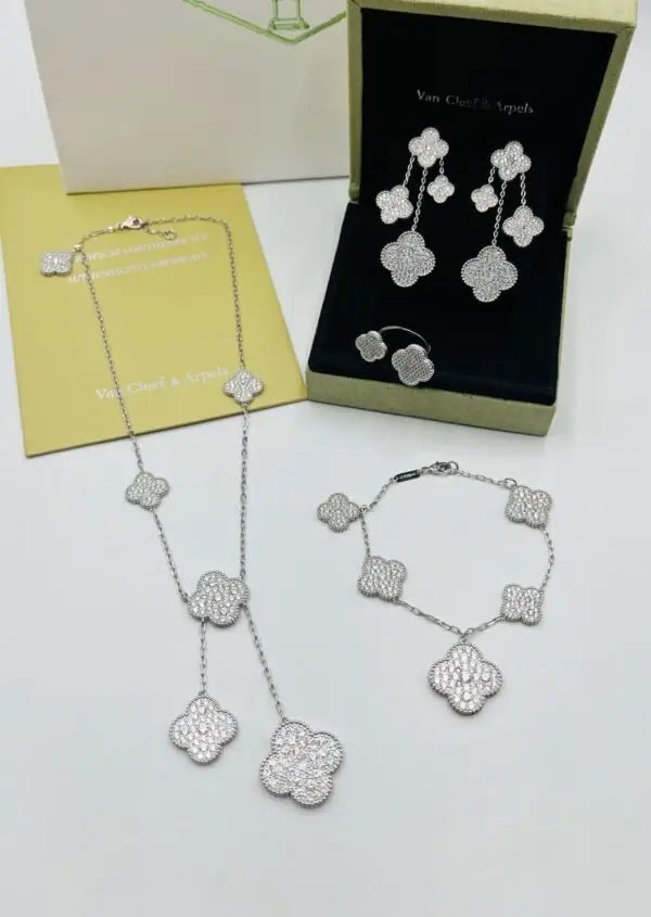 Everyday-Luxe Diamond Clover Necklace Earrings Bracelet Ring Set - view 4