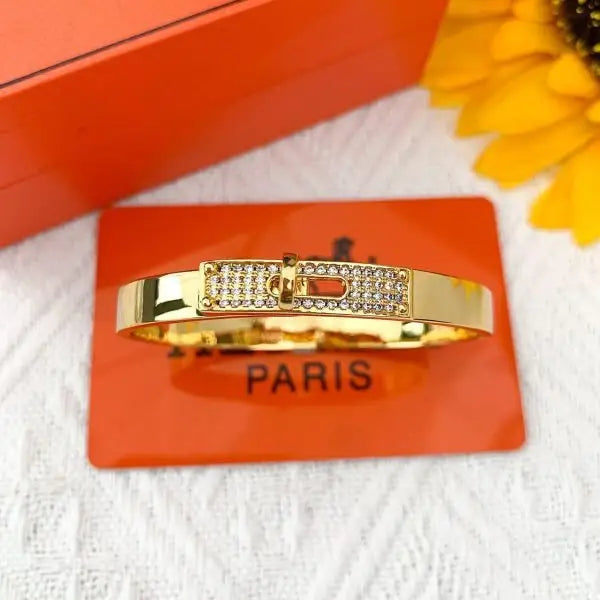 Polished Structured Top-Handle Bangle Bracelet Gold Full Crystals - view 5