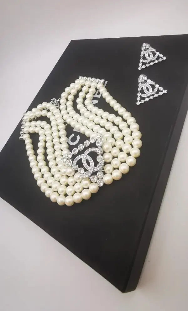 Modern Multi Strand Pearl Crystal Cc Logo Statement Necklace - view 5
