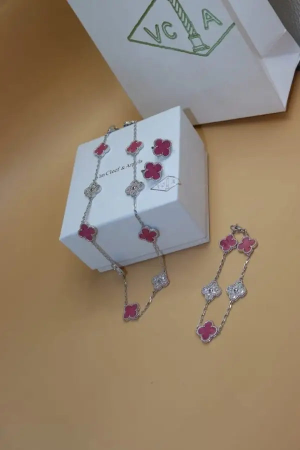 Modern Red Clover Diamond Necklace and Bracelet Set - view 5