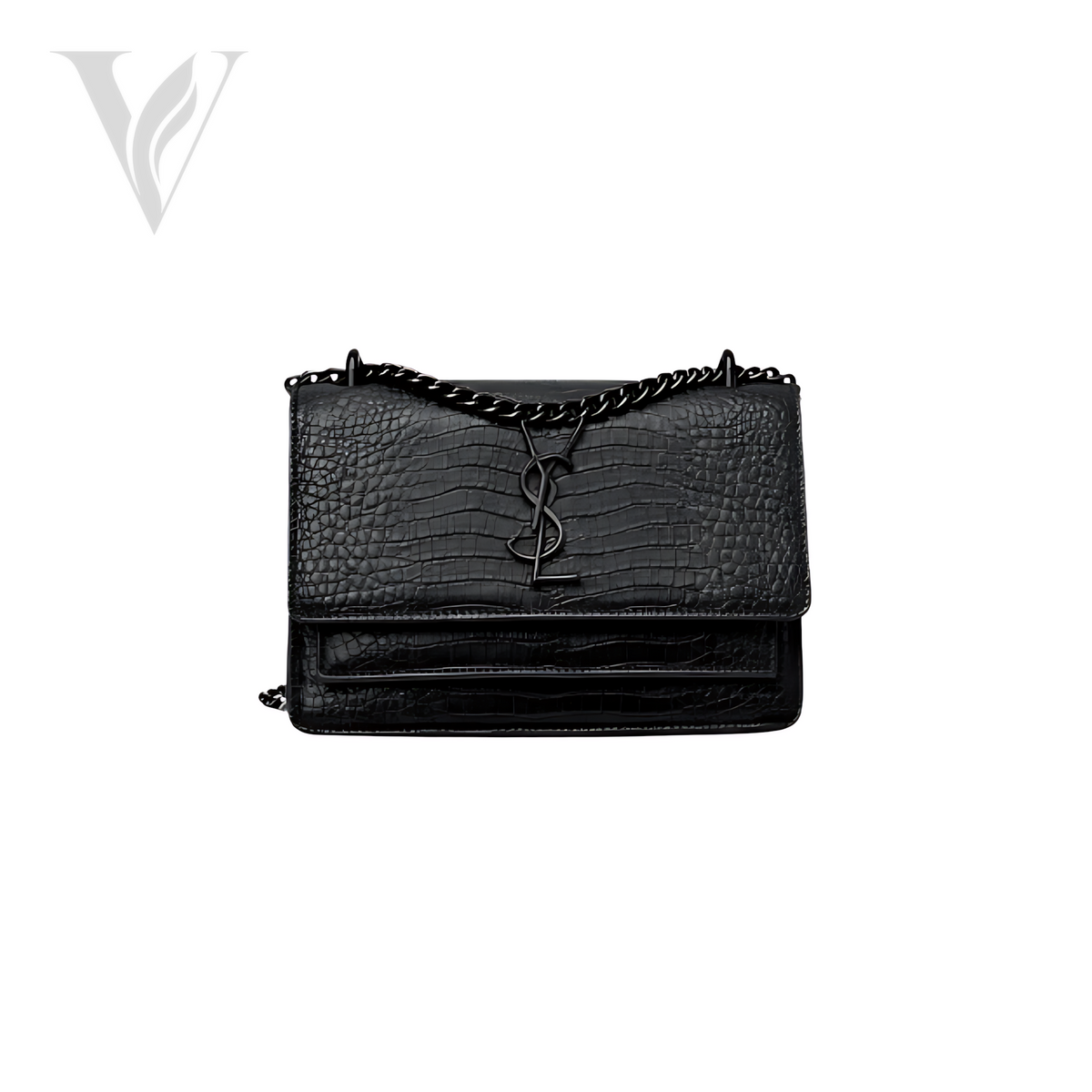 YSL Sunset Medium SO Croc-Embossed Bag - Black