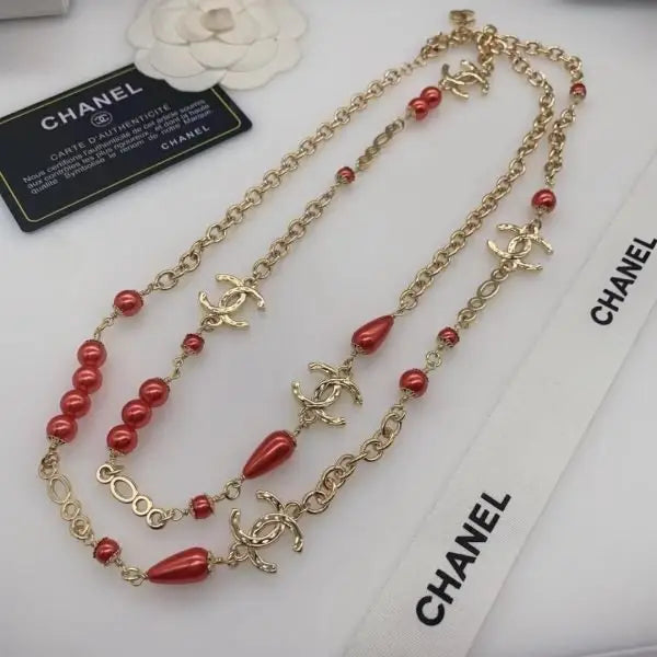 Clean-Finish Logo Red Resin Pearl Crystal Station Necklace - view 4