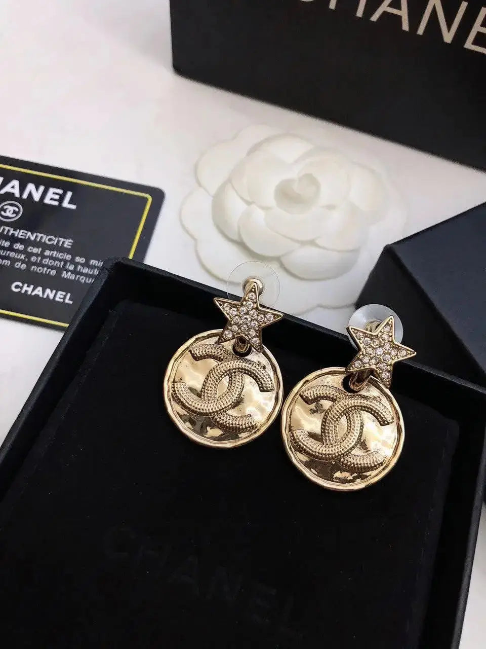 Elegant Crystal Star Cc Medallion Drop Earrings - view 4